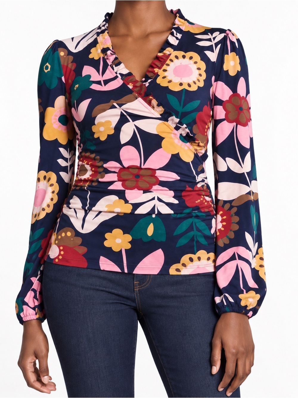 Boden Elodie Floral Faux Wrap Floral Ruffle Jersey Blouse Ruched Size 8